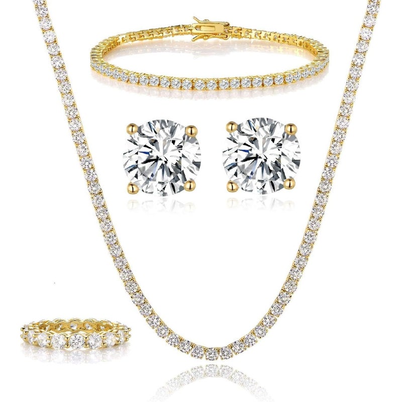 Gemsme 18K Yellow Gold Plated Tennis Necklace/Bracelet/Earrings/Band Ring Sets Pack of 4 (8#) - Image 1